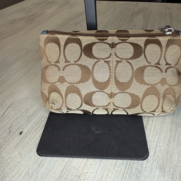 Coach Legacy Turn Lock Monogram Wristlet in Tan and Blue